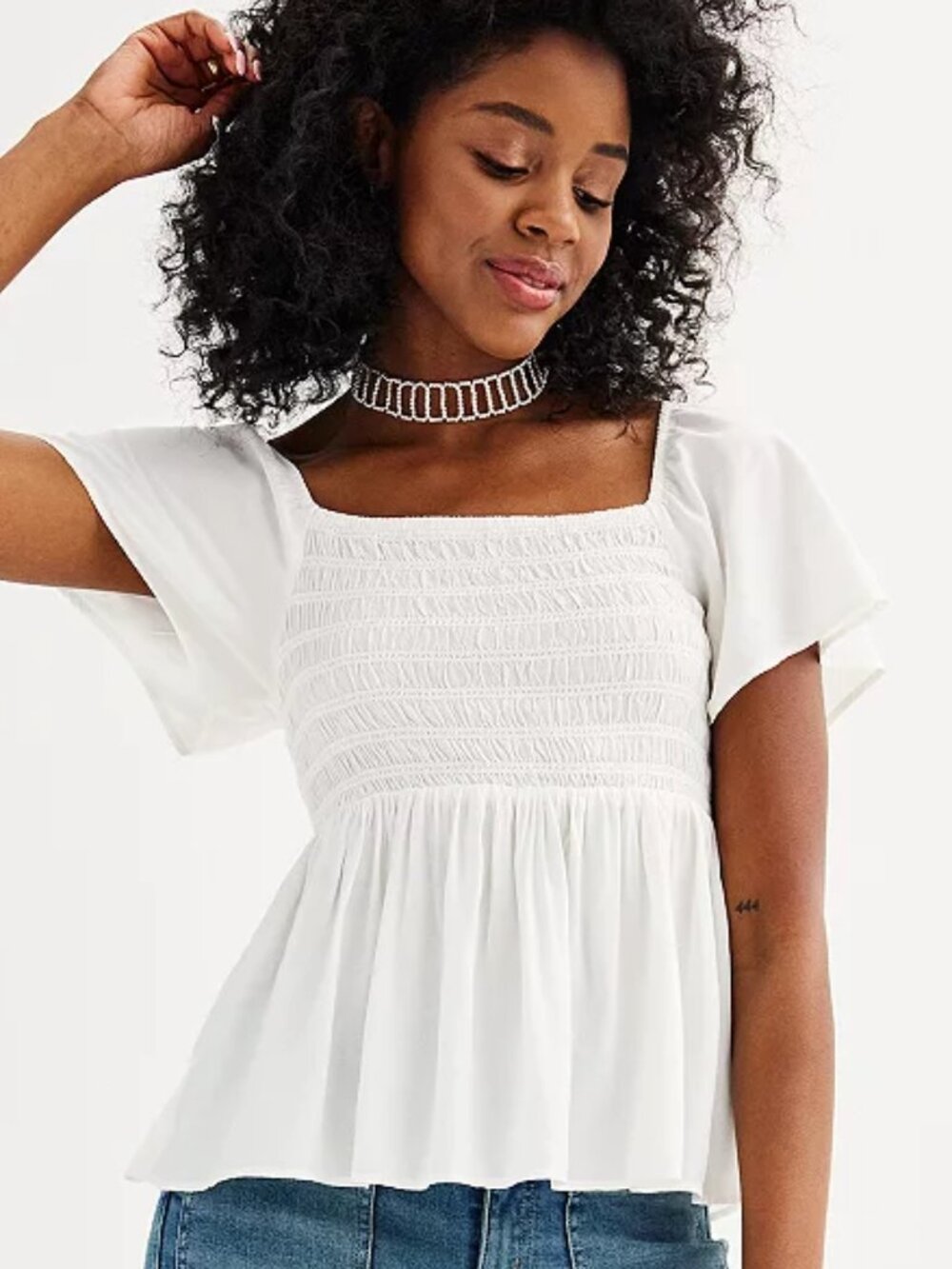 Junior's SO Smocked Babydoll Top with Ruffled Sleeves - White - Medium - NWT